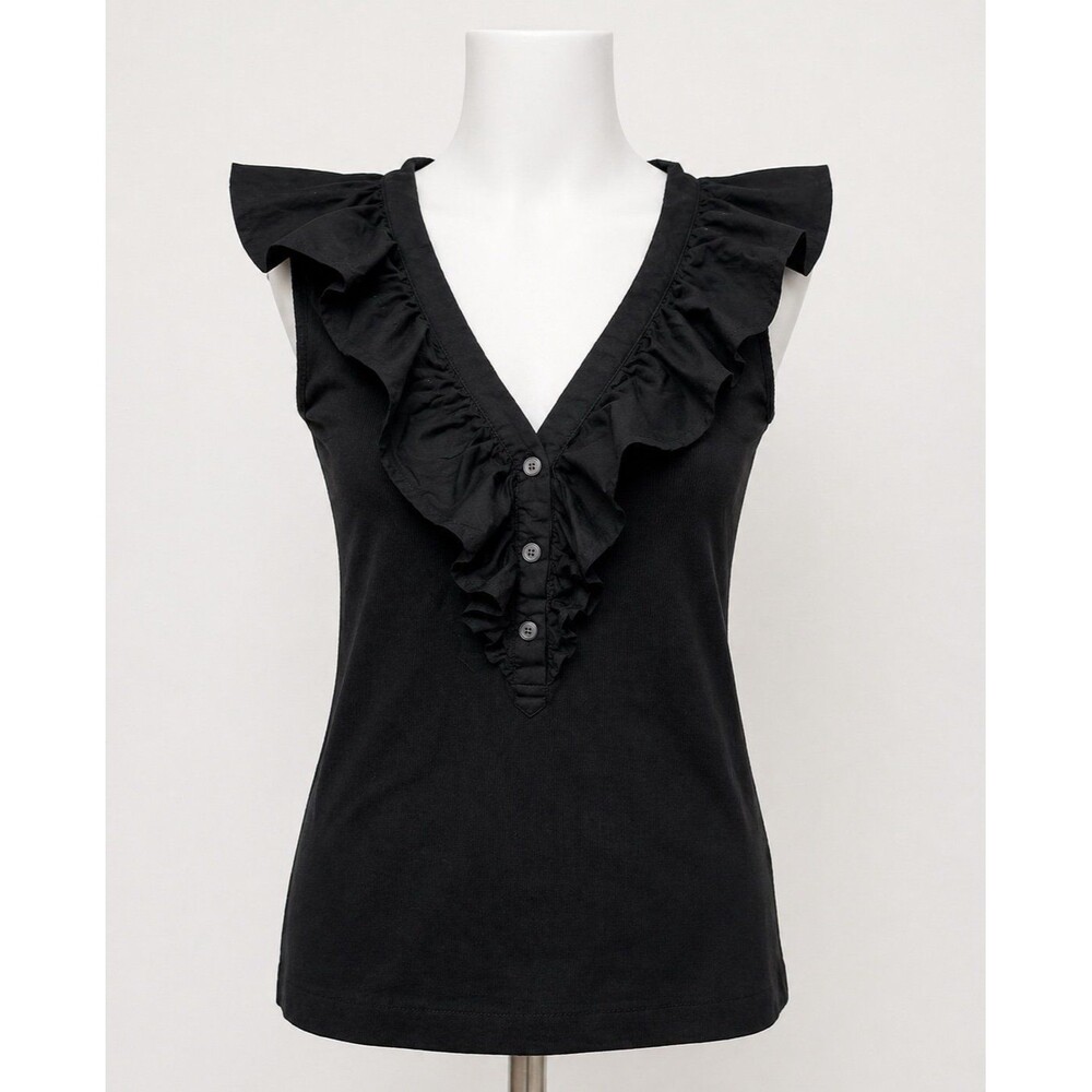 LOFT Petites XSP Black Ruffle V-Neck Sleeveless Top Button Front Blouse